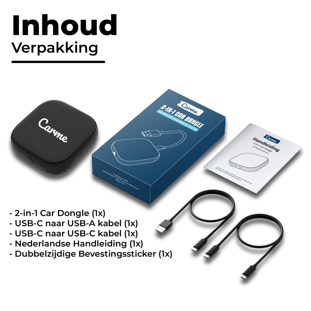 Inhoud Verpakking met Uitleg CarMe Premium 2-in-1 CarPlay en Android Auto Dongle
