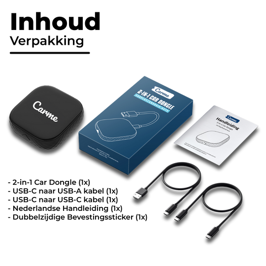 Inhoud Verpakking met Uitleg CarMe Premium 2-in-1 CarPlay en Android Auto Dongle