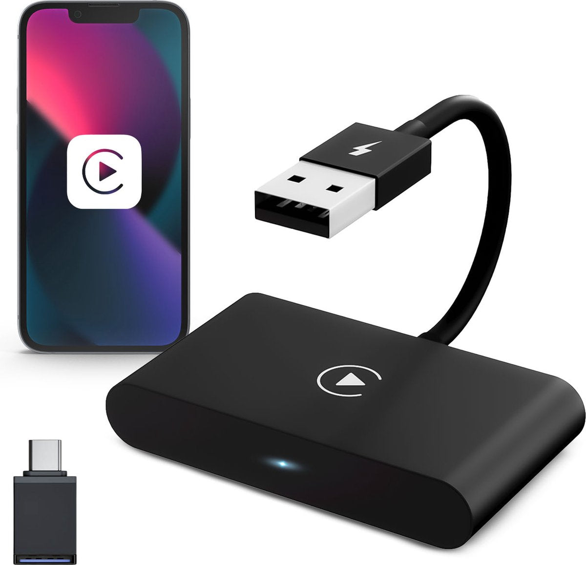 Carme CarPlay Dongle Zwart, Vooraanzicht Met Telefoon