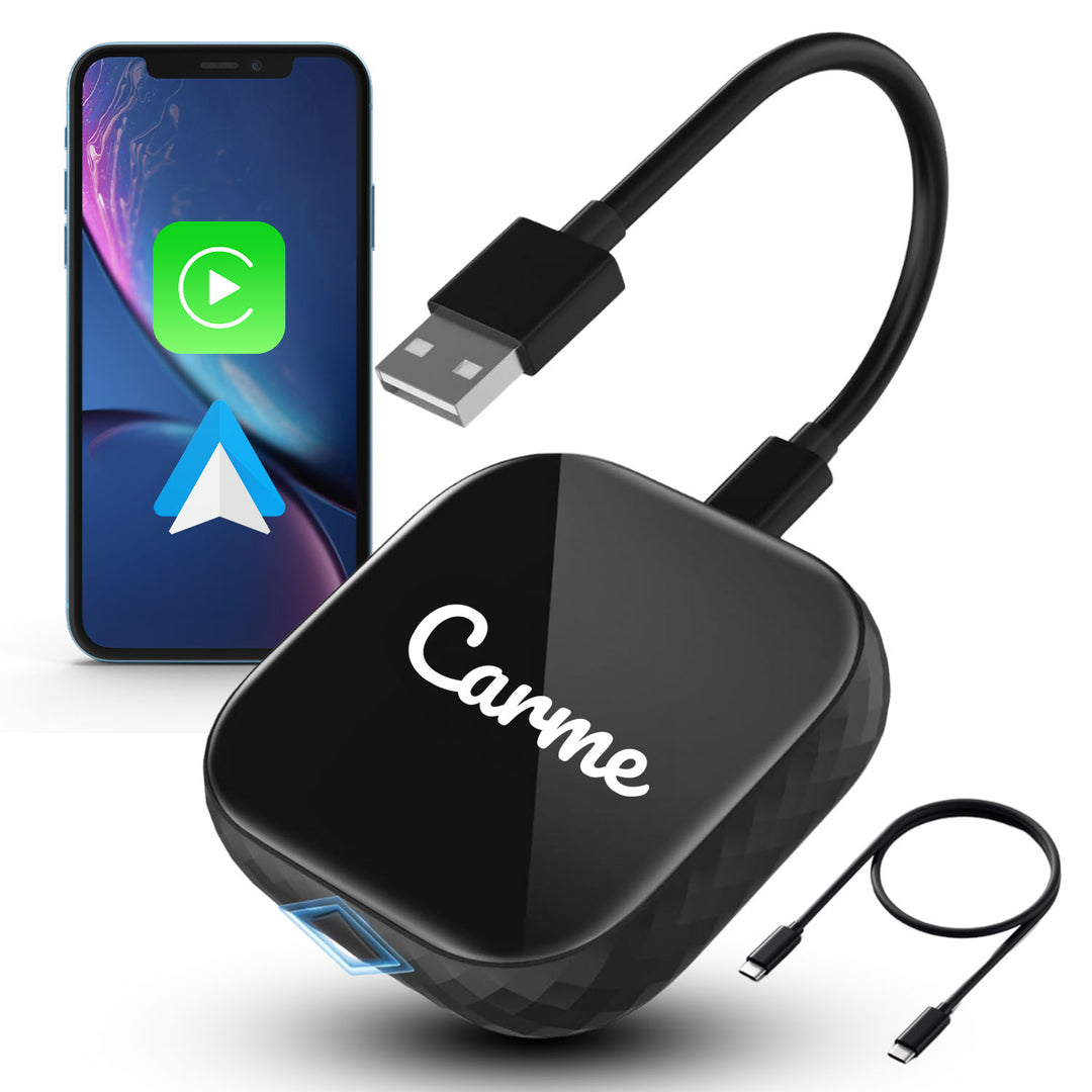 CarMe Premium 2-in-1 Carplay en Android Auto Dongle met telefoon, Vooraanzicht