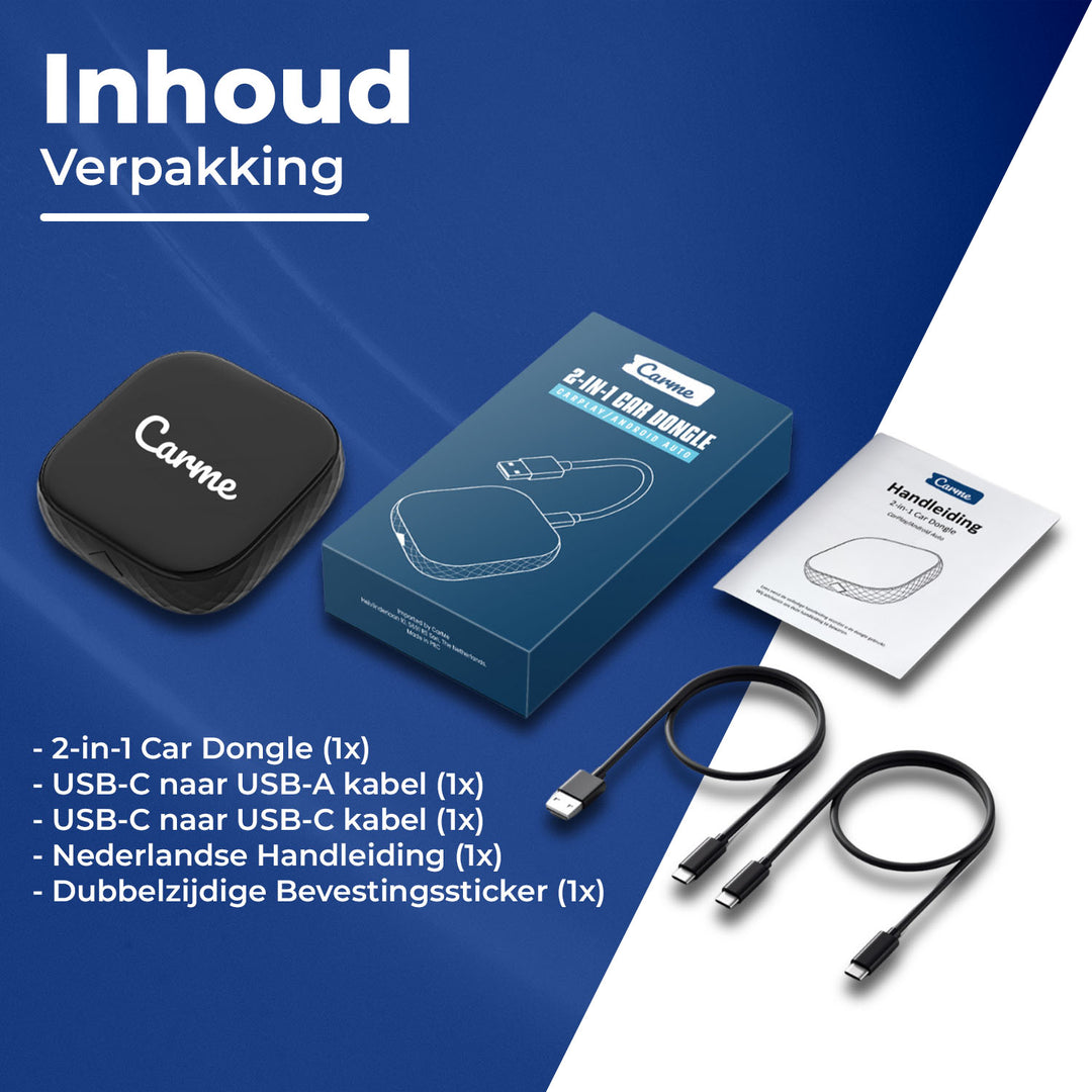 Inhoud Verpakking met Uitleg CarMe Premium 2-in-1 CarPlay en Android Auto Dongle