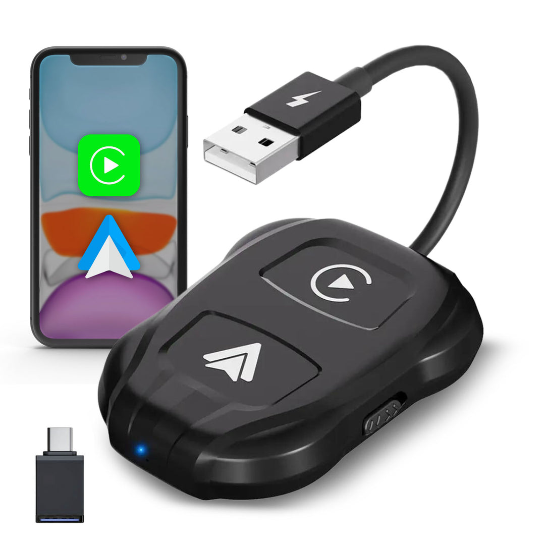 Carme 2-in-1 Carplay en Android Auto Dongle met telefoon, Vooraanzicht