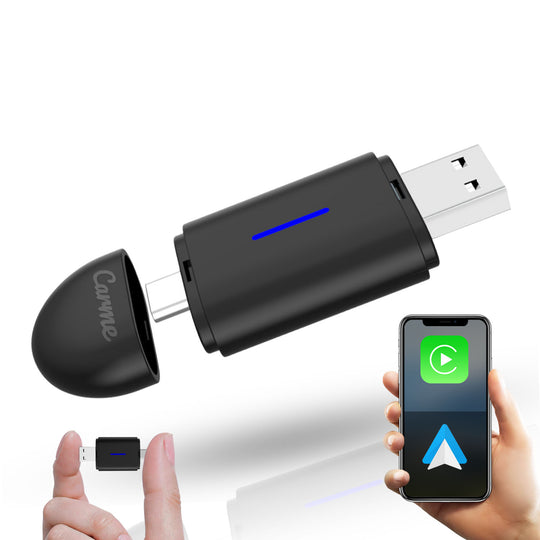 CarMe Mini 2-in-1 Car Dongle Zwart, Vooraanzicht Met Telefoon